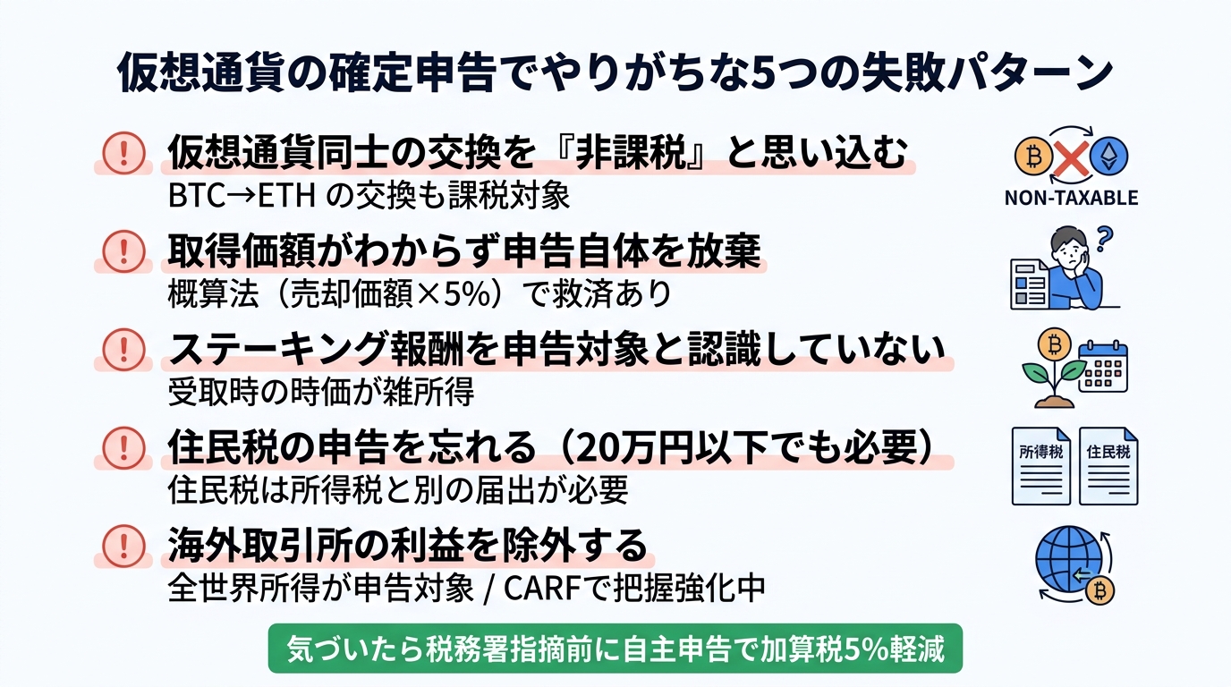 仮想通貨の確定申告でやりがちな5つの失敗パターン(仮想通貨同士の交換・取得価額不明・ステーキング報酬・住民税申告漏れ・海外取引所除外)