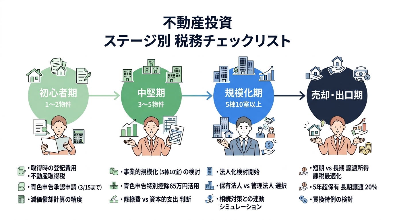 不動産投資 ステージ別 税務チェックリスト（初心者期→中堅期→規模化期→売却・出口期）
