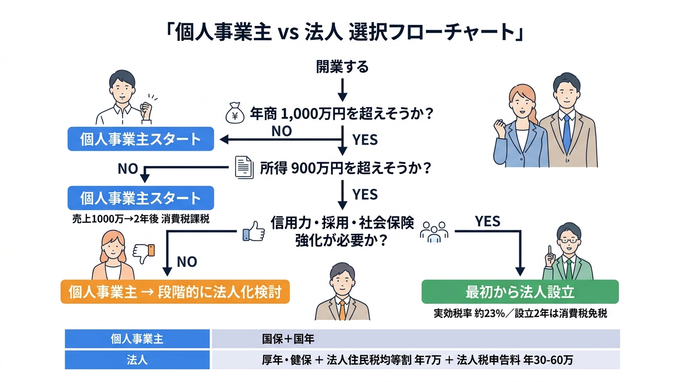 個人事業主 vs 法人 選択フローチャート（年商1,000万円・所得900万円・信用力の3軸で判定）