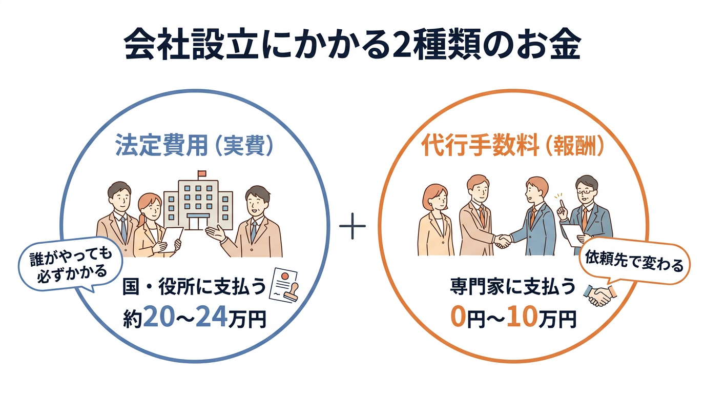 会社設立にかかる2種類の費用：法定費用と代行手数料