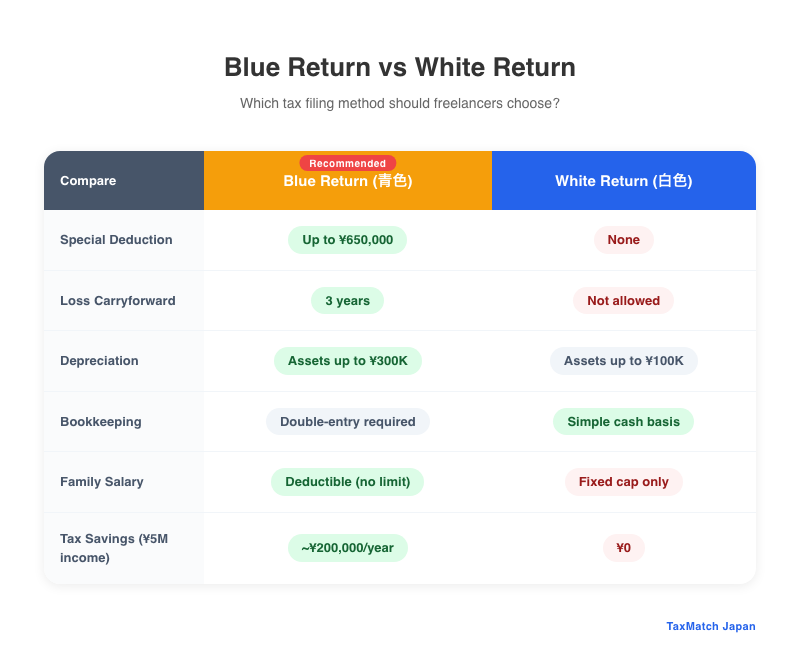 Blue Return vs White Return comparison for freelancers in Japan