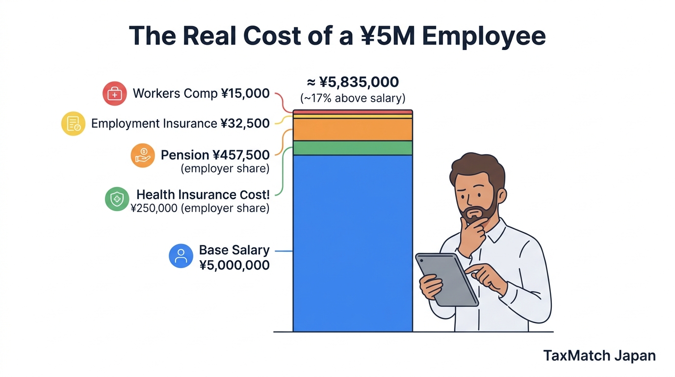 True cost breakdown of a 5 million yen salary employee showing 17 percent employer markup