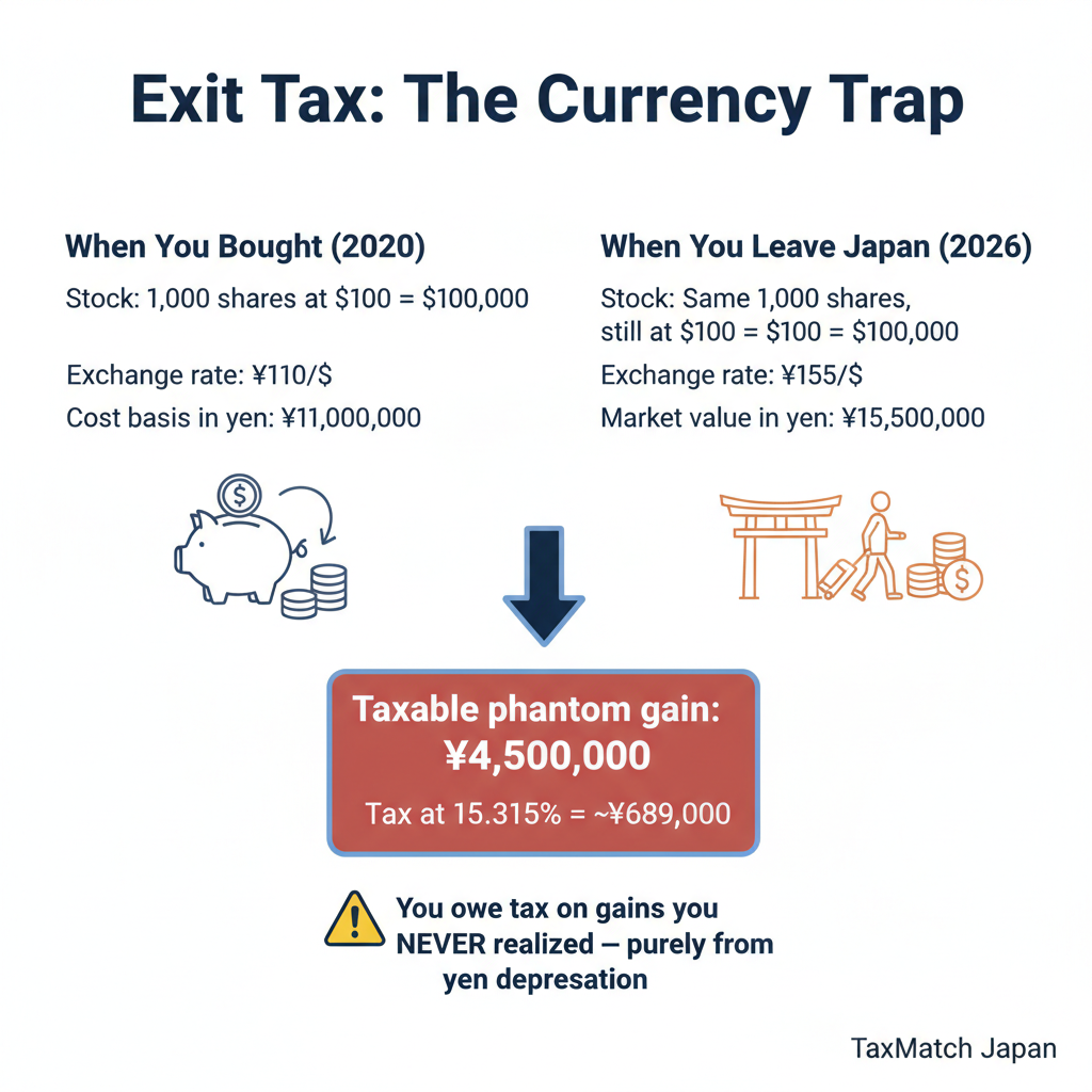 Exit tax currency trap - yen depreciation creates phantom taxable gains on unchanged USD investments