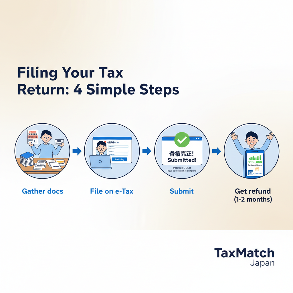 Four step e-Tax filing process illustration for foreigners