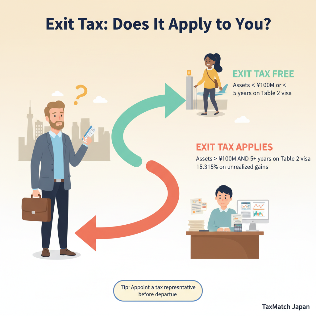 Exit tax decision illustration - foreign professional at fork choosing between tax-free departure and exit tax