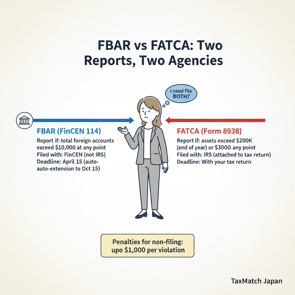 FBAR vs FATCA comparison for US citizens in Japan - two reports two agencies