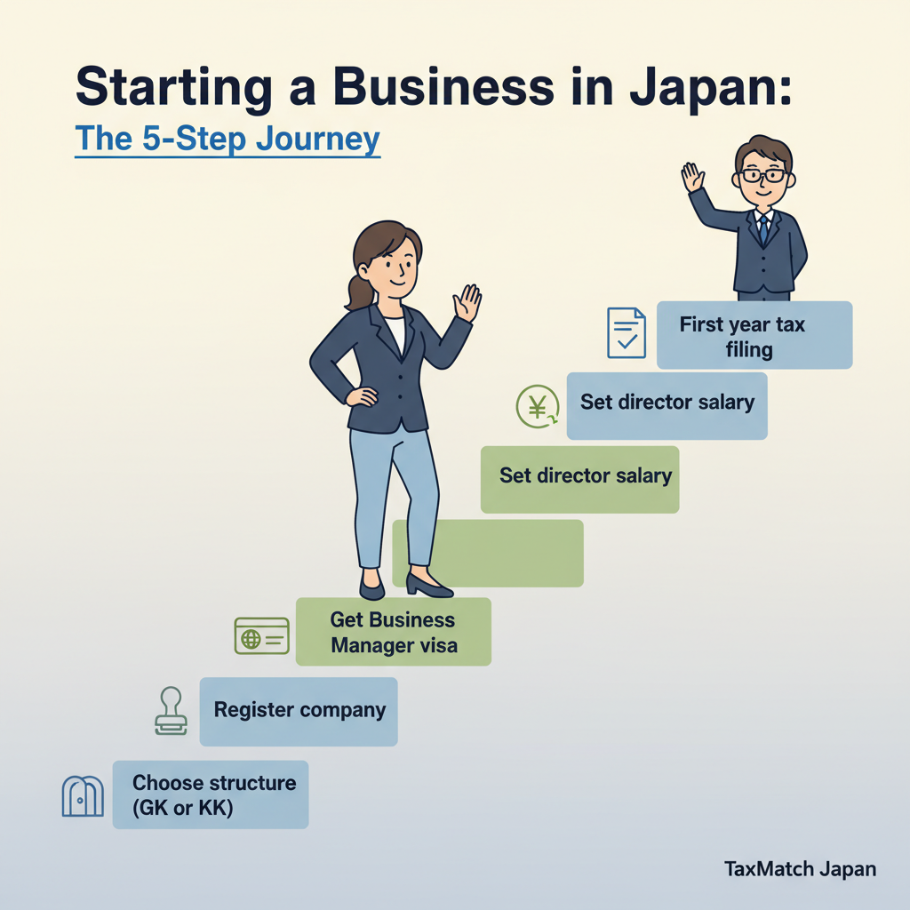 Five step business startup journey in Japan from company structure to first tax filing