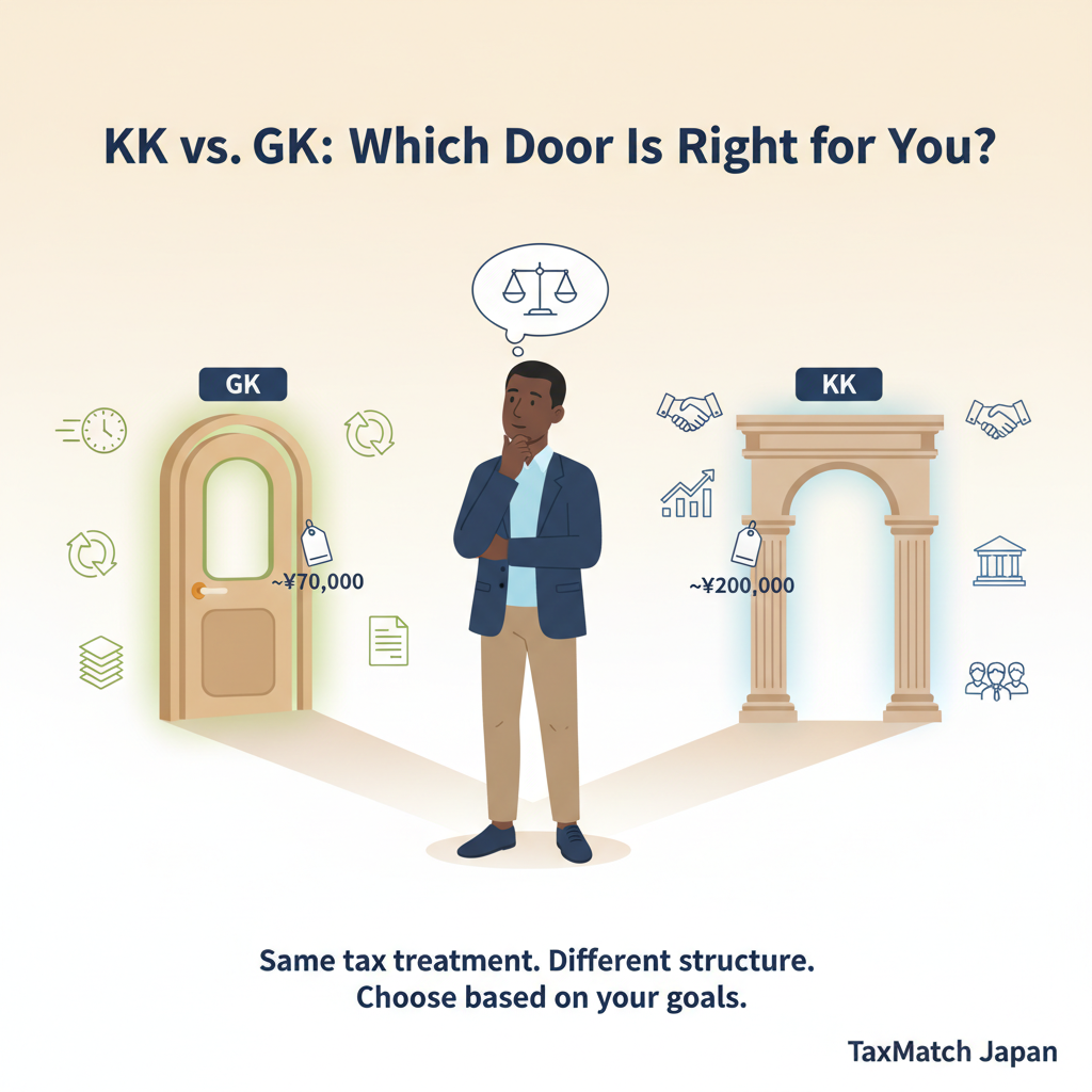 Entrepreneur choosing between GK and KK company doors with cost tags