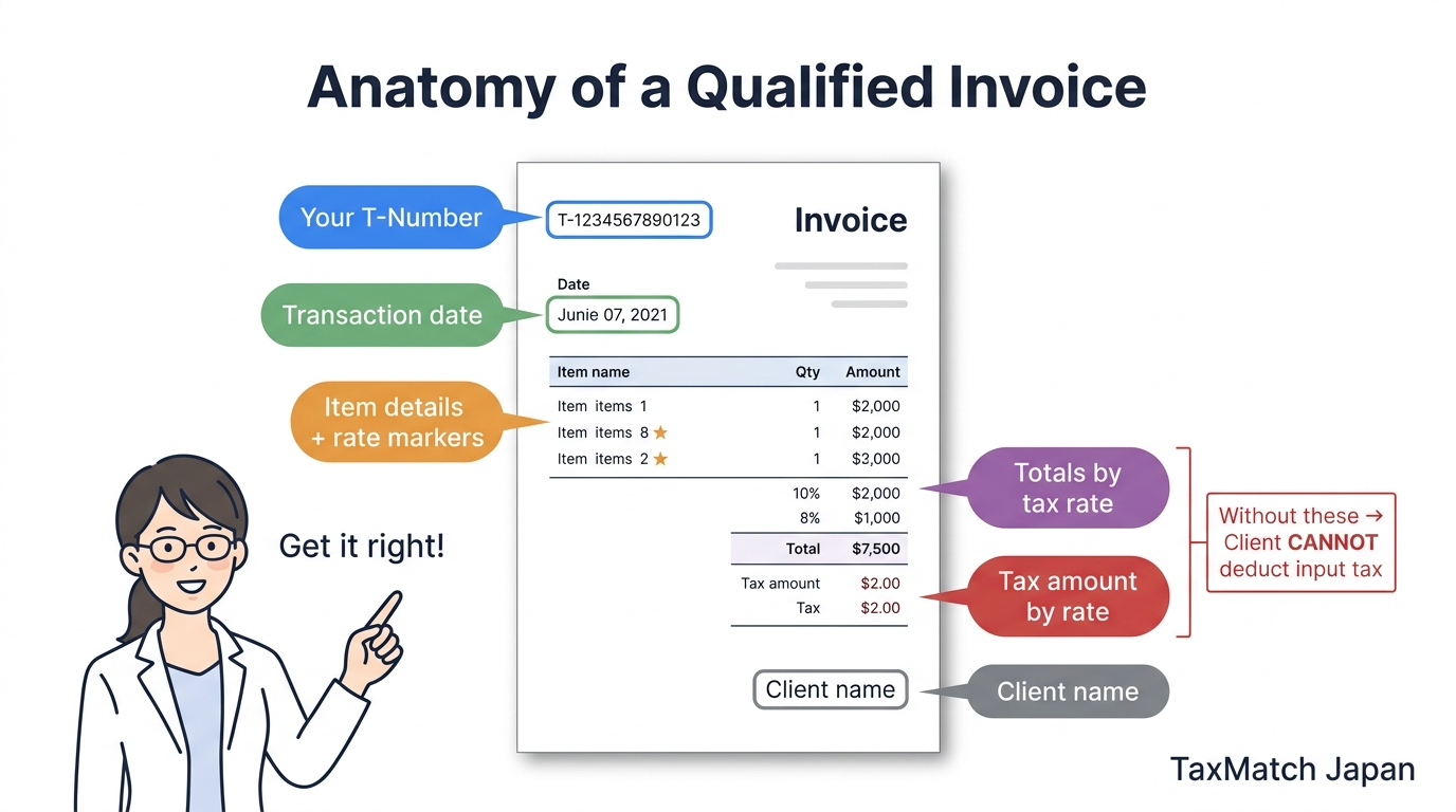 Anatomy of a qualified invoice showing 6 required elements including T-number