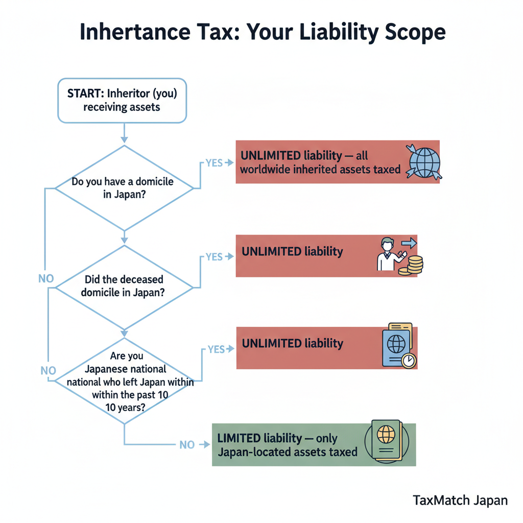Inheritance tax liability scope flowchart - unlimited vs limited based on domicile and nationality