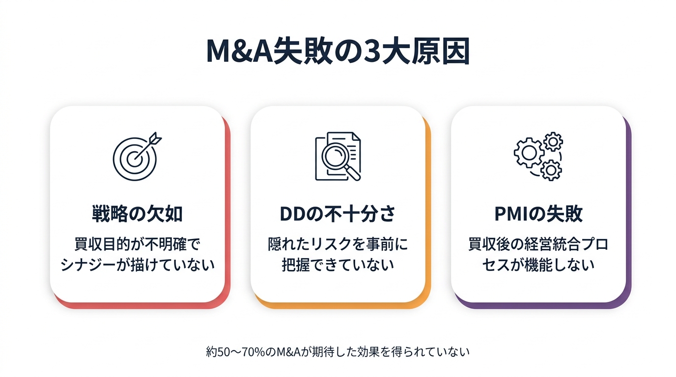 M&A失敗の3大原因：戦略の欠如・DDの不十分さ・PMIの失敗