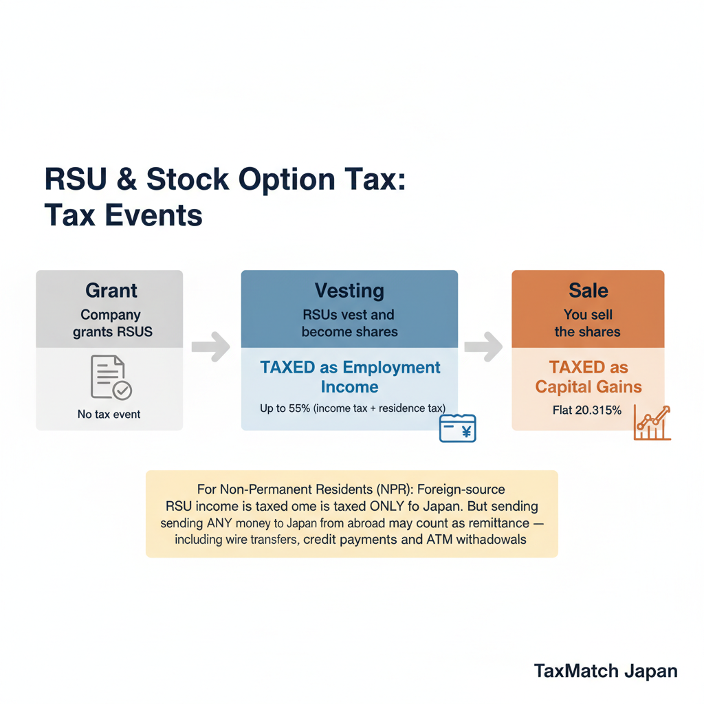 RSU tax lifecycle in Japan - Grant, Vesting, Sale with two tax events