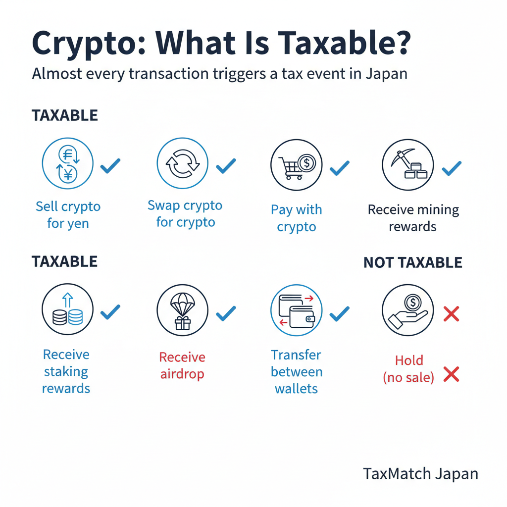 Crypto taxable events in Japan - sell, swap, pay, mine are taxable; transfer and hold are not
