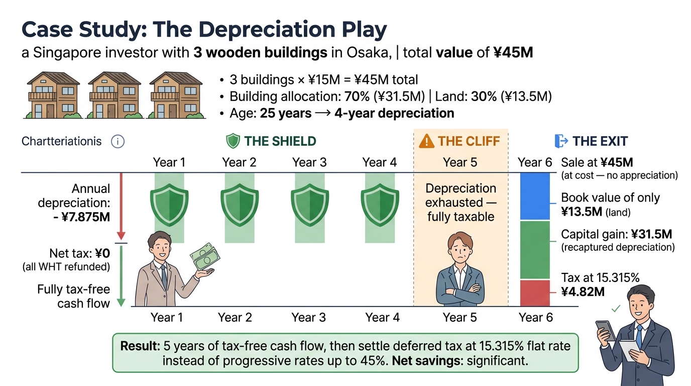 Japan Real Estate Tax for Foreign Investors - Scenario B: Singapore investor wooden building depreciation play, year-by-year