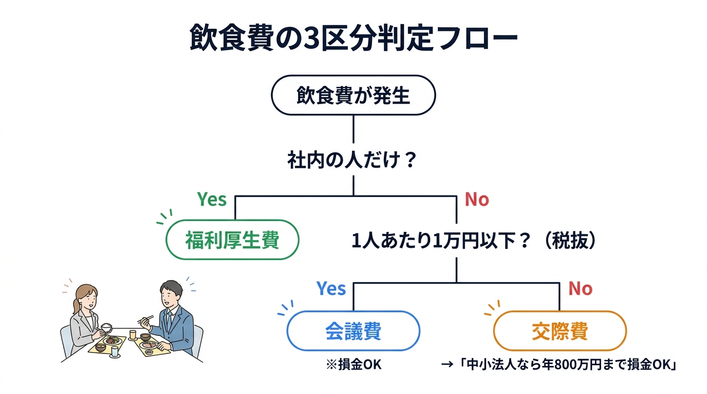 接待飲食費1万円基準をわかりやすく解説｜令和6年税制改正で5000円から引き上げ - 飲食費の3区分判定フローチャート