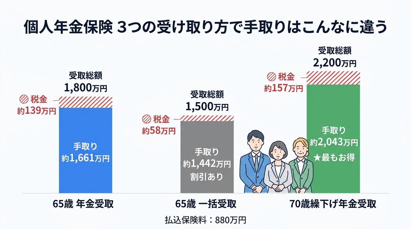 個人年金保険は一括受取りと年金受取りどちらが得か？税金と手取り額を税理士が解説 - 3パターンの手取り額比較