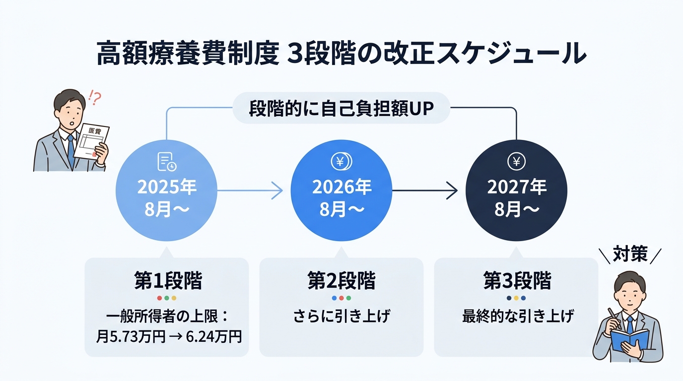 高額療養費制度の自己負担限度額一覧｜2026年8月引き上げ後の金額と計算方法 - 3段階の改正タイムライン