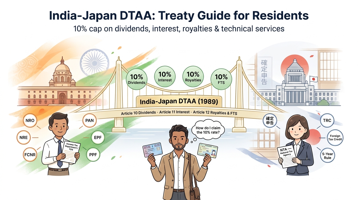 India-Japan DTAA tax treaty guide: 10% withholding rate on dividends, interest, royalties, FTS — and the Form 10F, TRC, PAN documentation chain