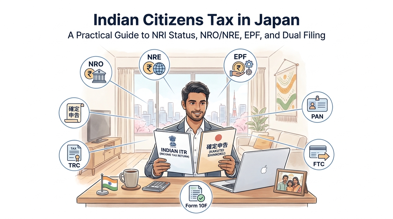 Indian citizen living in Japan managing dual India and Japan tax obligations: NRI status, EPF, PPF, NRO accounts, and annual filing calendar