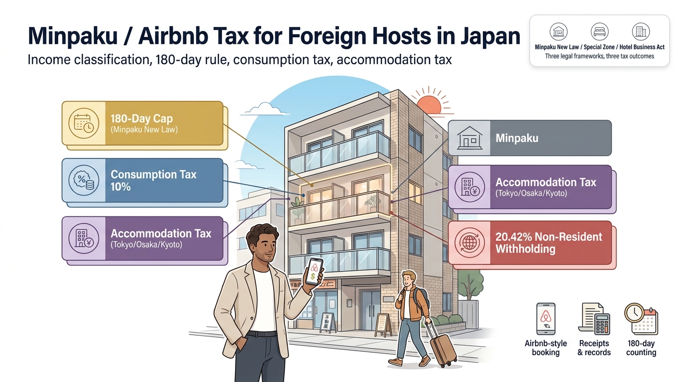 Foreign Airbnb minpaku host in Japan navigating Minpaku New Law 180-day rule, consumption tax, accommodation tax, and non-resident withholding obligations
