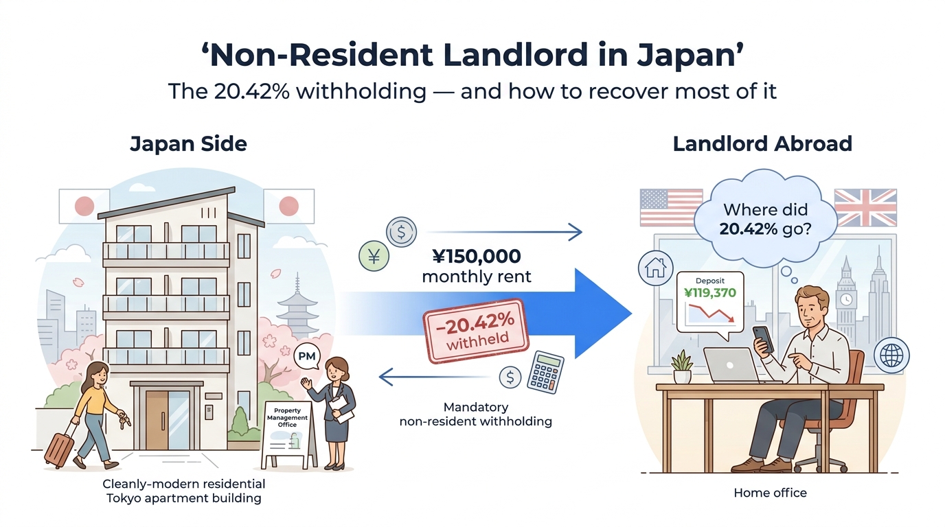 Non-Resident Landlord in Japan 2026: foreign landlord abroad receiving Japan rental income with 20.42% withholding tax automatically deducted by Property Manager
