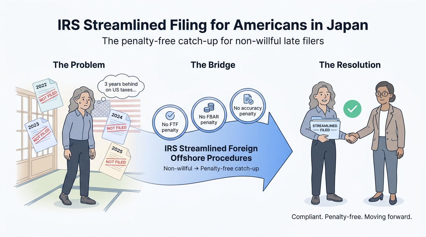 IRS Streamlined Filing for Americans in Japan: penalty-free catch-up for non-willful late filers — transition from 3 years of missed US returns to compliant clean record