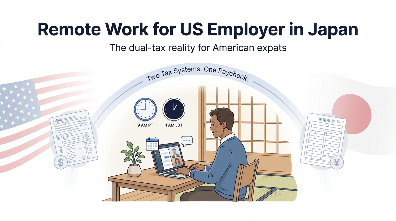 Remote Work for US Employer in Japan 2026: American expat working remotely at desk with US-Japan dual tax system context — two clocks, two tax forms