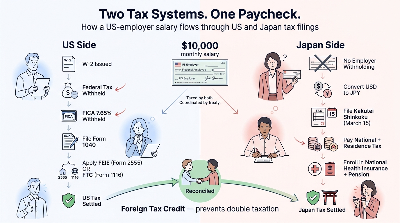 Two Tax Systems One Paycheck: how a US employer salary flows through both US (W-2, Form 1040, FEIE/FTC) and Japan (kakutei shinkoku, residence tax, NHI) tax filings with Foreign Tax Credit bridge