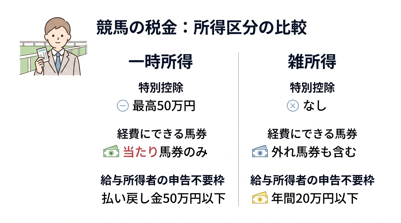 競馬の税金はいくらから？50万円の控除ルールと無申告がバレる3つのパターン - 一時所得と雑所得の比較表