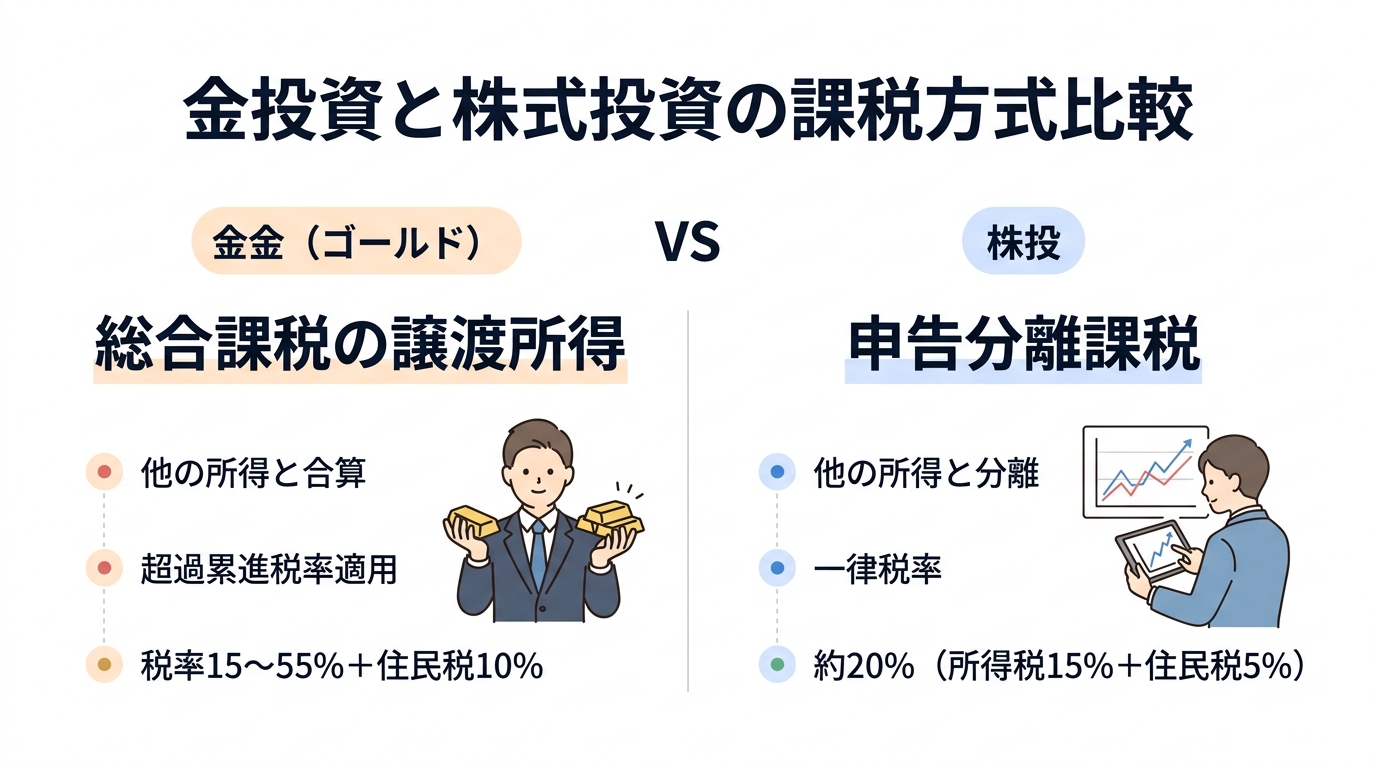 金（ゴールド）売却の税金を徹底解説｜総合課税・消費税の注意点 - 金と株式の課税方式比較