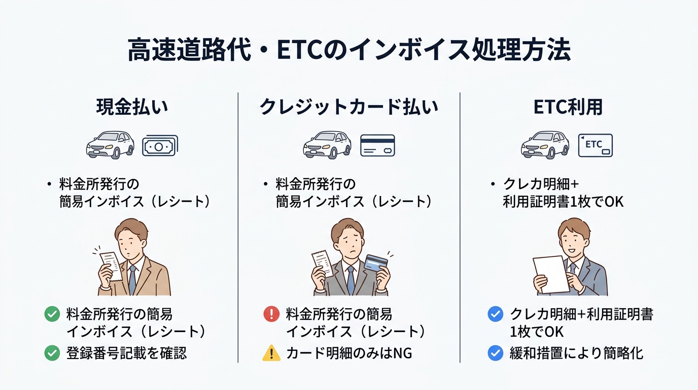 高速道路代・ETCのインボイス処理を税理士が解説|クレカ明細と利用証明書で対応可能 - 高速道路代の支払い方法別インボイス対応の比較表