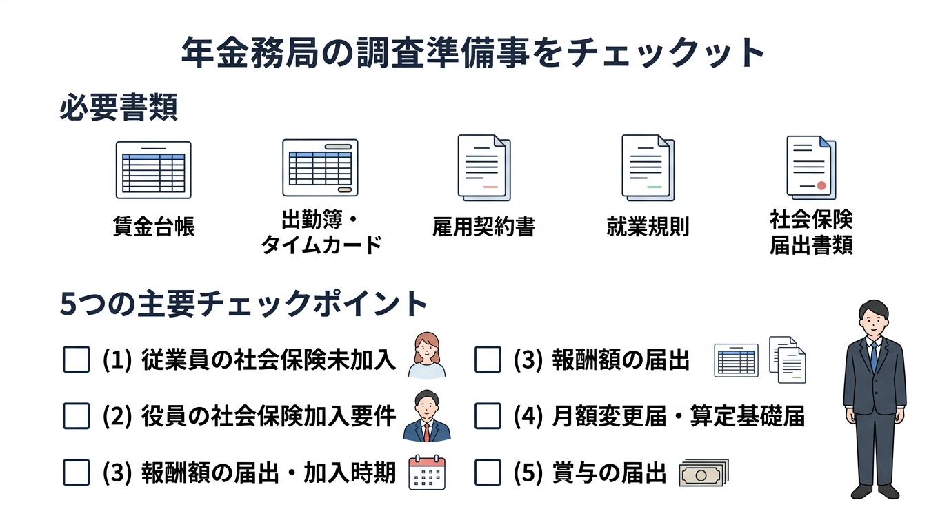 年金事務所の調査とは？社会保険の調査対象・準備書類・当日の流れを完全解説 - 調査の5つの主要チェックポイントと必要書類